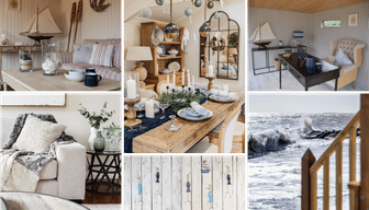 Collage of nautical decor in garden buildings featuring model yachts, raw edge rope, pebbles and light greys, blues and whites